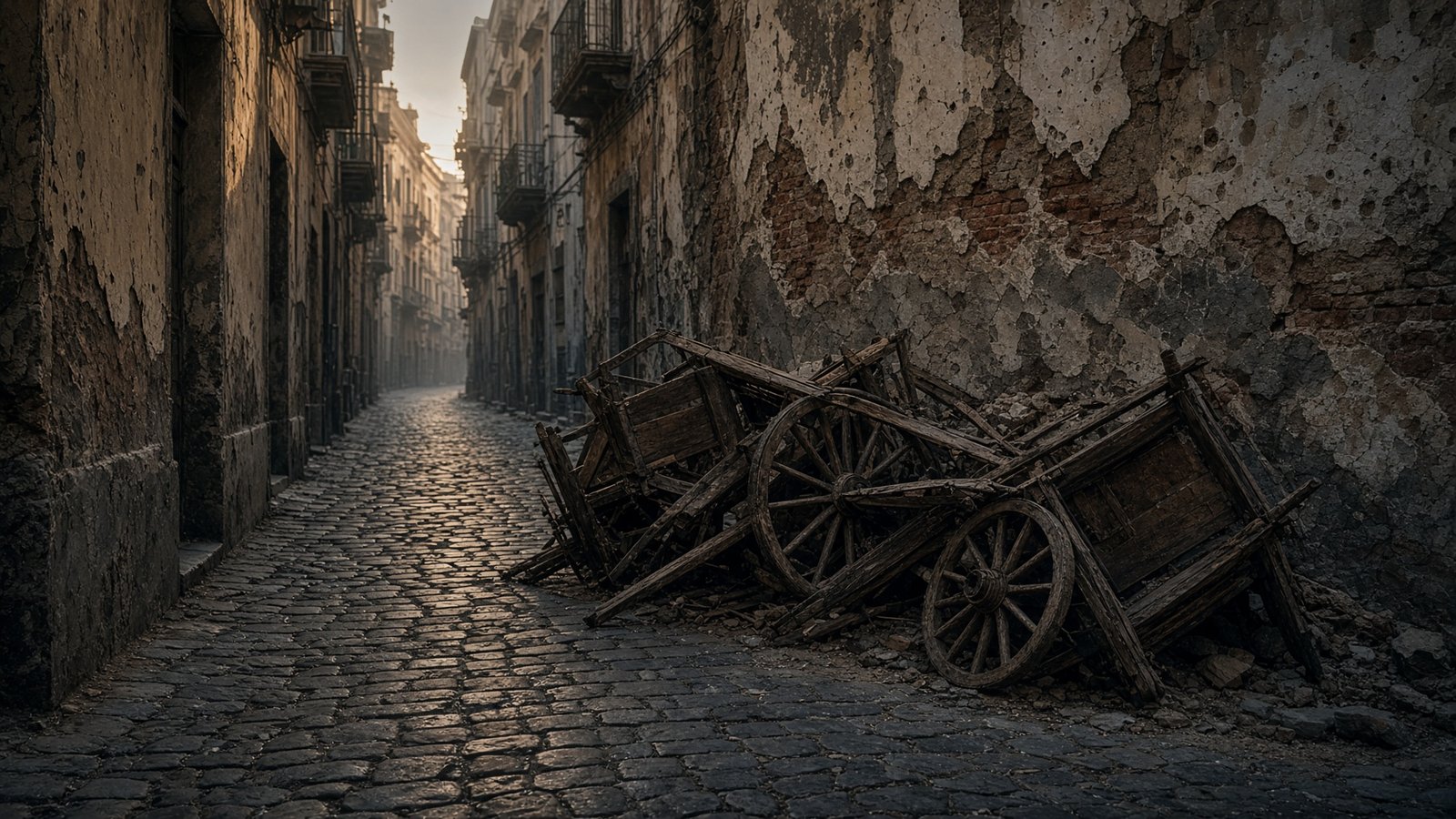 An empty, barricaded cobblestone street in historic Naples.