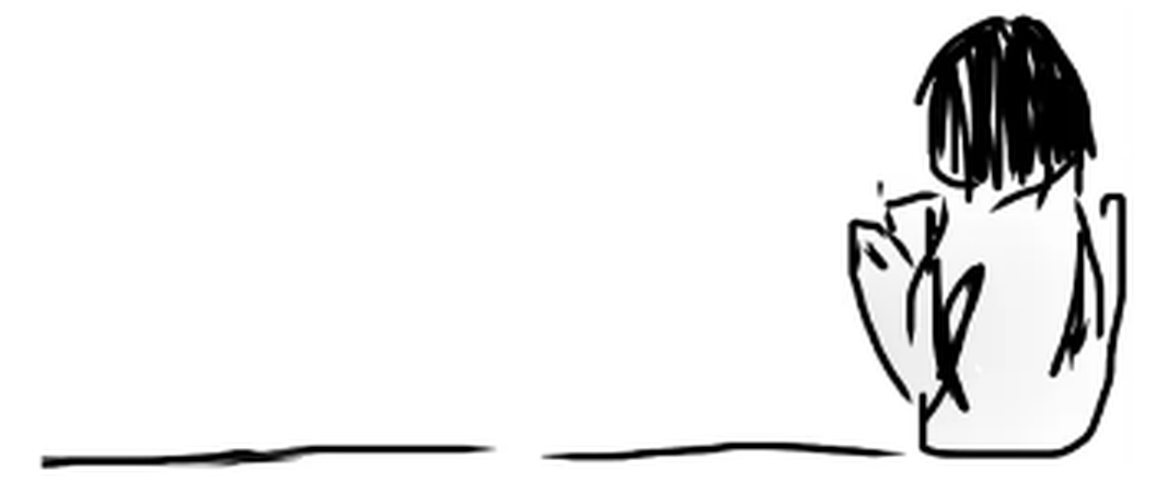 Line drawing of a child sitting alone on a long empty line.